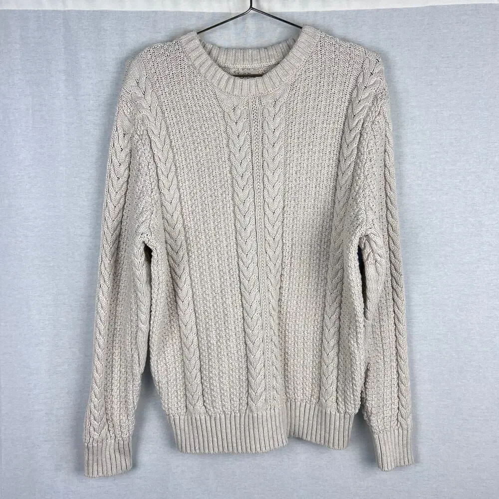 J. Crew Sweater Men Cotton Cable Knit Crew Neck Ivory Fisherman Old Money Chunky